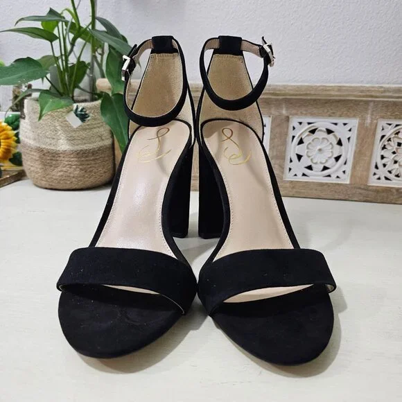SAM EDELMAN Black Leather Suede Ankle Strap Block Heel Sandal Womens Sz 9.5 W - Picture 2 of 9